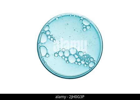 Boîte de Petri abstraite avec liquide cosmétique ou médical isolée sur fond blanc vue de dessus. Science cosmétique concept de laboratoire. Banque D'Images