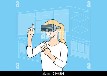 Une femme heureuse en lunettes VR explore les environs. Une femme souriante dans des lunettes de réalité virtuelle s'amuser profiter de la nouvelle technologie moderne. Illustration vectorielle. Illustration de Vecteur