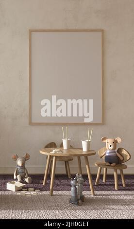 Chambre pour enfants, style scandinave. Créer un cadre sur l'arrière-plan du mur. Illustration du rendu 3d de style ferme pour enfants. Banque D'Images