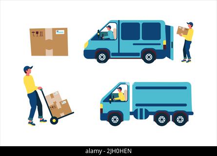 Le liveur charge les marchandises par le client du magasin dans un camion ou une voiture de livraison Illustration de Vecteur