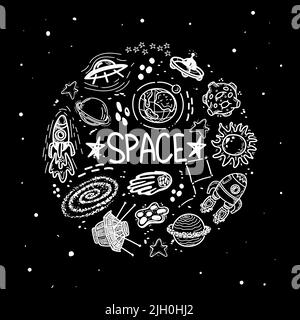 Ensemble d'éléments d'espace dans un cercle sur un arrière-plan noir. Éléments dessinés à la main. Ciel étoilé. Astronomie. Trou noir. Fusées, satellite, fl Illustration de Vecteur