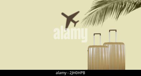 Concept de voyage en avion d'été avec valises de luxe. Fond vert pastel. Banque D'Images