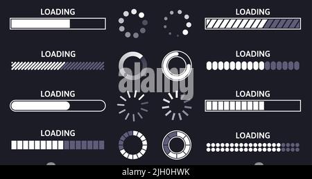 Indicateur de charge. Chargement de la barre d'état, progression du téléchargement de la mémoire tampon ronde et chargement de ligne ou de fichiers barres d'attente jeu de symboles vectoriels Illustration de Vecteur
