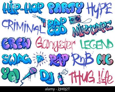 RAP graffiti. Légende du hip-hop, RnB Party et gangster Crew Street art étiquettes de calligraphie avec la peinture grunge texture vecteur ensemble Illustration de Vecteur