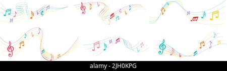 Notes de musique en couleur. Lignes de notation musicale avec symboles de note, ondes de chanson et jeu d'illustrations vectorielles arc-en-ciel musicalement Illustration de Vecteur