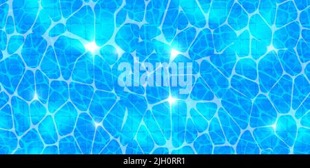 Vue sur le dessus piscine sans couture avec reflet de la lumière du soleil, ondulations caustiques et sol carrelé. Texture de la surface de l'eau bleue. Vecteur lumineux été Illustration de Vecteur