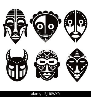 Masques rituels africains vector design set, décorations traditionnelles d'art folklorique en noir et blanc Illustration de Vecteur