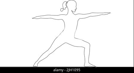dessin continu d'une seule ligne de femme en posture de yoga guerrier, illustration vectorielle d'art de ligne Illustration de Vecteur