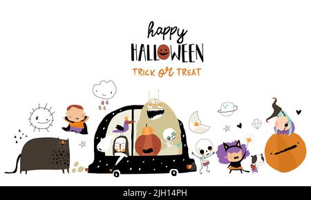 Caricature Crazy Monsters and Kids Meeting Halloween Illustration de Vecteur