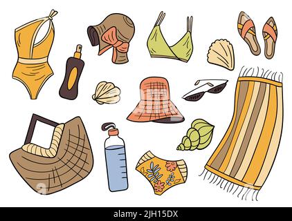 Ensemble d'articles d'été en forme de doodle. Maillot de bain de plage, coquillages, tongs, crème solaire, sac de plage en osier, chapeau panama, lunettes de soleil, serviette, bouteille d'eau, bikini et soutien-gorge. Icônes de design minimaliste simples. Illustration de Vecteur