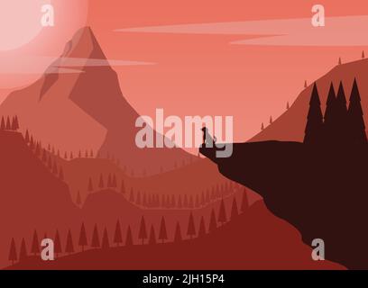 Illustration vectorielle d'une silhouette de chien au sommet d'une montagne au coucher du soleil rouge Illustration de Vecteur