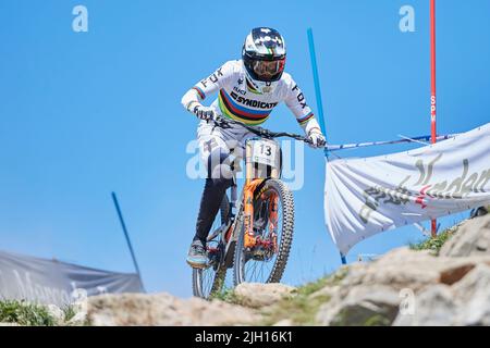 Lenzerheide, Suisse. 8 juillet 2022. Greg Minnaar (Santa Cruz Syndicate) während der Downhill Qualification der Herren am UCI Mountain Bike World Cup 2 Banque D'Images