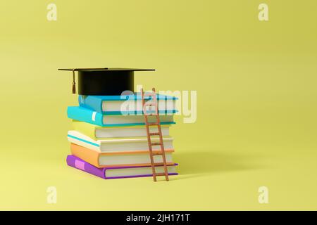 3D rendu du chapeau de graduation, des livres et de l'escalier sur fond bleu. 3D formes réalistes. Concept d'éducation. Efforts pour terminer l'étude. Banque D'Images