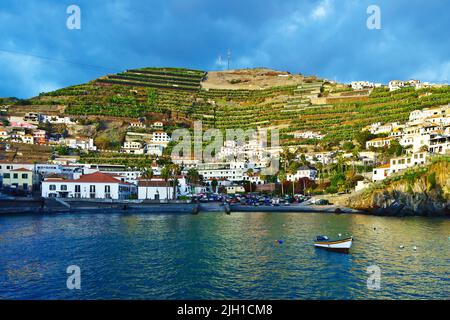 Camara de Lobos, Madère, Portugal - 4 décembre 2019 : bâtiments et champs de bananes le long de la baie portuaire du village de pêcheurs populaire au coucher du soleil. Banque D'Images