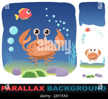 Petit paysage. Crabe. Définir l'effet de parallaxe. La vie sous-marine. Animaux sauvages. Océan, mer. Eau d'été. Isolé sur fond blanc. Illustration dans Illustration de Vecteur