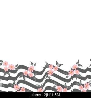Fleurs roses vectorielles avec bandes zigzag ondulées gris blanc sur fond de motif de bordure horizontale Illustration de Vecteur