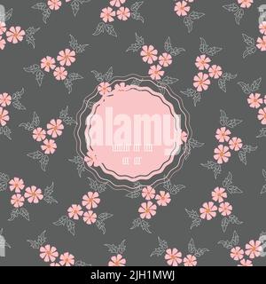 Bouquets fleuris roses vectoriels avec cadre gris foncé et motif sans couture avec éléments dessinés à la main Illustration de Vecteur