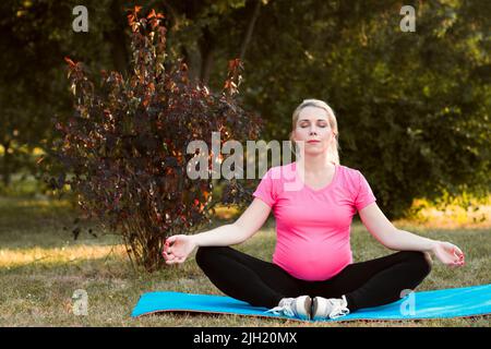 Femme enceinte médite en plein air, paysage de la nature Banque D'Images