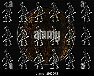 Le feu d'or de la planète Terre. La dégradation de l'humanité. Le stade primitif revient. Illustration de la régression. Banque D'Images