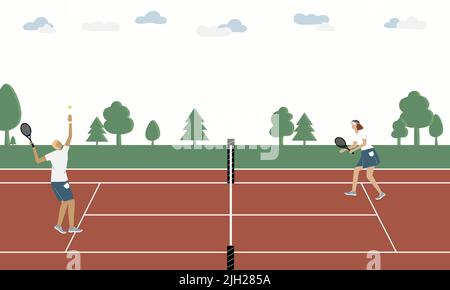 Un couple homme et femme jouent au tennis en plein air en été, illustration vectorielle plate. Terrains extérieurs pour les matchs de tournois. Mode de vie actif. Ballon de frappe du joueur