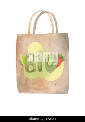 Sac écologique sacs de papier et de coton avec épicerie isolée sur fond blanc. Ensemble de dessins animés de sac écologique réutilisable, sacs en maille avec des aliments frais Banque D'Images