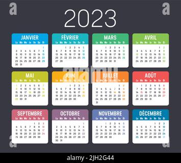 Calendrier coloré de l'année 2023, en français, isolé sur fond sombre Illustration de Vecteur