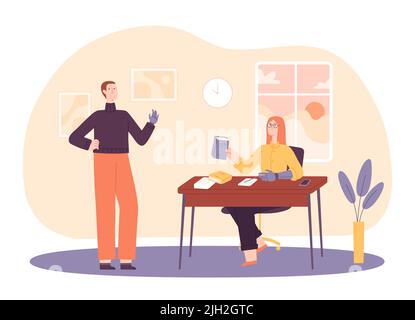 Le travail d'équipe des personnes handicapées. Femme et homme collègues ayant une prothèse de bras travaillant au bureau. Livre de dons des employés Illustration de Vecteur