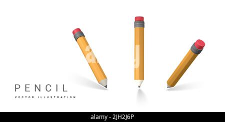 Mignon dessin animé jaune 3D crayon. Crayon en bois pour écrire et dessiner. Illustration vectorielle. Illustration de Vecteur