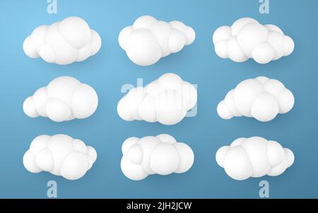 3d nuages blancs. Ensemble de dessins animés ronds nuages moelleux isolés sur un fond bleu. Illustration vectorielle. Illustration de Vecteur
