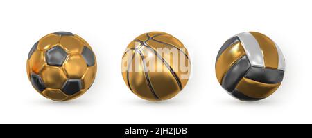 Ensemble de 3D ballons de football, football, basket et volley-ball dorés réalistes sur fond blanc. Illustration vectorielle. Illustration de Vecteur