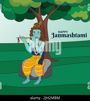 Krishna Janmashtami Cute Festival affiche. Lord Krishna jouant de la flûte le soir sous un arbre. Carte de vœux, bannière, média social poster un dessin vectoriel plat Illustration de Vecteur
