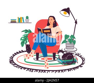 Femme lisant le livre à la maison. Petite fille assise sur un fauteuil confortable avec littérature et détente. Intérieur moderne avec plantes Illustration de Vecteur