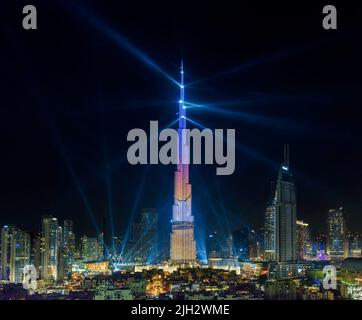 Spectacle de lumière sur Burj Khalifa pendant la Saint-Sylvestre 2018, Dubaï, Émirats arabes Unis Banque D'Images