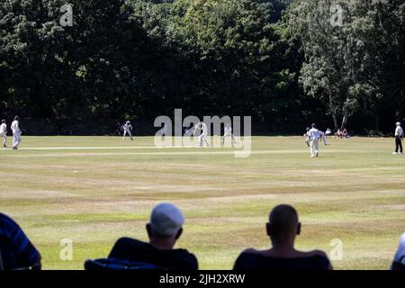 Le match de cricket du village est suivi par des spectateurs intéressés sur un magnifique terrain bordé d'arbres au milieu de l'été dans le West Yorkshire Banque D'Images