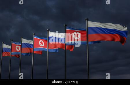 Drapeaux de la Russie et de la Corée du Nord, drapeau de la Russie et drapeau de la Corée du Nord avec ciel et nuages sombres. Signale l'arrière-plan. 3D travaux et 3D images Banque D'Images