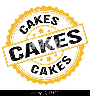 TEXTE DES GÂTEAUX inscrit sur un timbre rond jaune-noir Banque D'Images
