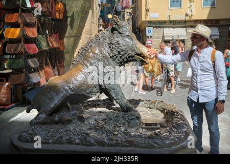 Il Porcellino Wild Boar Statue à l'extérieur de Mercato Nuovo à Florence en Italie Banque D'Images