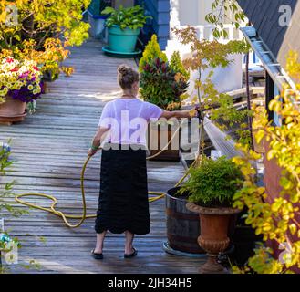 Jardinage et concept de personnes. Femme avec un tuyau d'arrosage versant de l'eau aux fleurs et aux plantes dans son jardin lors d'une journée ensoleillée d'été-29 juillet,2022-Vancouver Banque D'Images