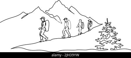 Groupe de voyageurs randonnée en montagne. Dessin moderne à une ligne dessin vectoriel dessin continu à une ligne Illustration de Vecteur