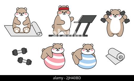 Ensemble de hamsters mignons dessinés. Le hamster kawaii est présent pour le sport. Collection d'avatars mascottes personnage drôle autocollants animaux isolés sur blanc Illustration de Vecteur