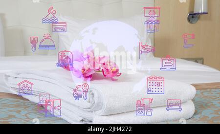 Grand lit dans une chambre d'hôtel de luxe Banque D'Images
