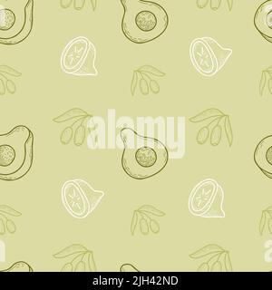 Motif sans couture. Olives, avocat et citron sur fond vert clair. Illustration vectorielle. Dessin au trait en forme de doodle dessiné à la main pour le design, la décoration Illustration de Vecteur