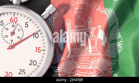Image symbolique sur le thème de l'Afghanistan et du temps. Le chronomètre est sur le drapeau de l'Afghanistan. Banque D'Images