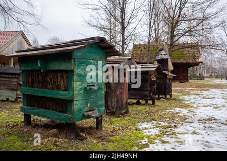 De vieilles ruches exposées dans le musée en plein air de la culture populaire. La photo a été prise un jour d'hiver nuageux. Banque D'Images