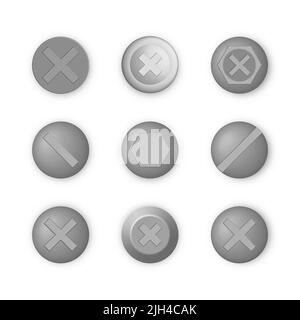 Chapeaux de vis autotaraudeuses de différents types sur fond blanc. Vue de dessus, illustration vectorielle. Illustration de Vecteur