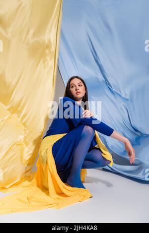 jeune femme ukrainienne tendance dans un élégant bloc de couleurs vêtements assis près du drapeau bleu et jaune Banque D'Images