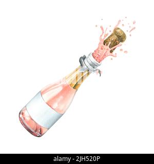 Une bouteille de verre de champagne rose survolant avec un liège. Illustration aquarelle. Objet isolé d'un grand ensemble de Joyeux anniversaire. Pour Banque D'Images