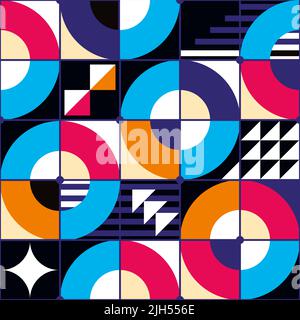 Motif vectoriel rétro sans couture inspiré de Bauhaus - conception rétro géométrique avec cercles, triangles, lignes et carrés rose et bleu marine Illustration de Vecteur