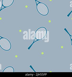 Motif sans couture avec raquettes et balles de tennis sur fond bleu. Répéter la conception vectorielle. Idéal pour le tissu, les produits, le papier d'emballage, les articles de sport. CA Illustration de Vecteur