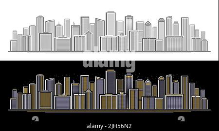 Vector Panoramic Skyline, concept d'art horizontal monochrome avec design linéaire horizon ville paysage sur fond blanc et bannière décorative avec illum Illustration de Vecteur